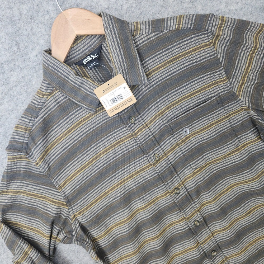 NEW Eddie Bauer Field Flannel Flex Shirt Mens Small Dark Fatigue Striped Stretch